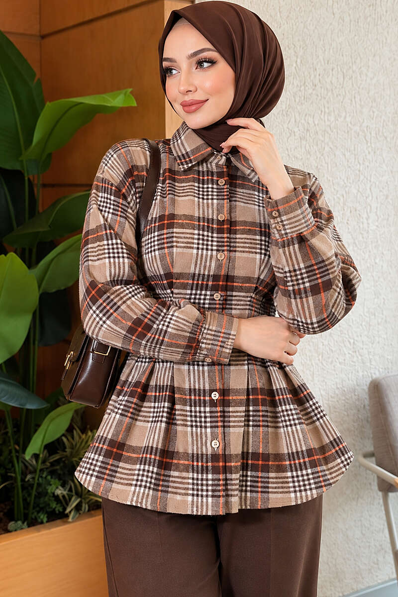 Plaid Shirt with Waist Darts - Beige