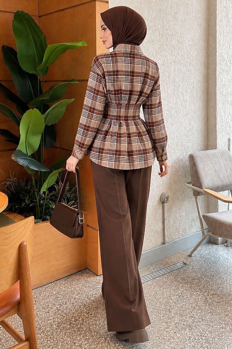 Plaid Shirt with Waist Darts - Beige