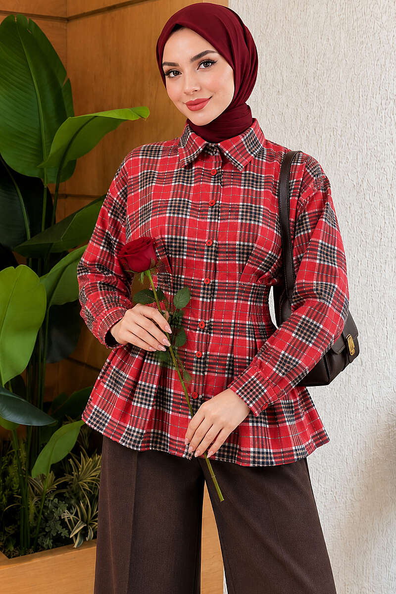 Plaid Shirt with Waist Darts - Red