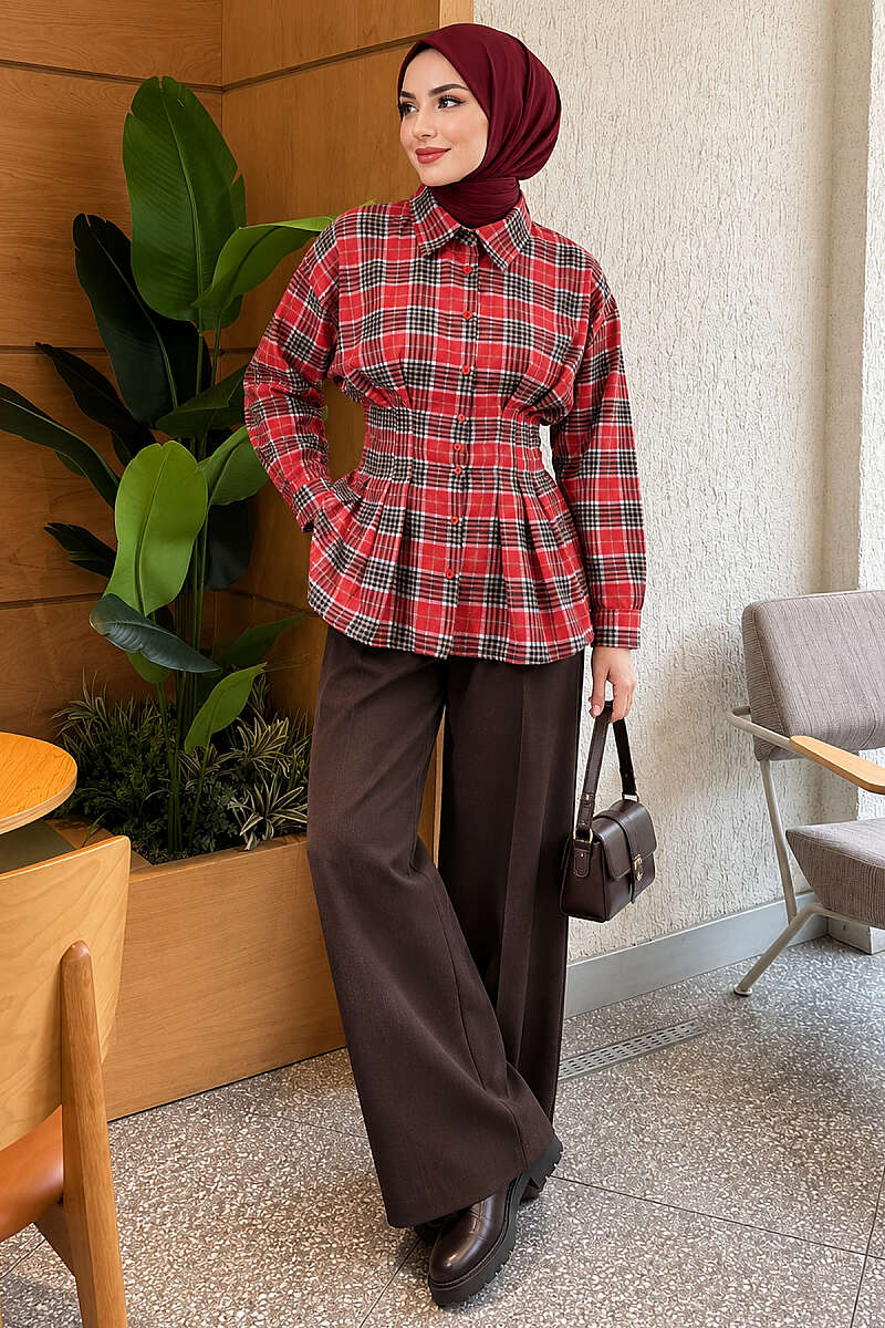 Plaid Shirt with Waist Darts - Red