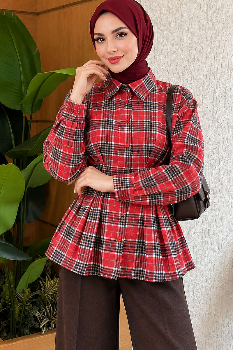 Plaid Shirt with Waist Darts - Red