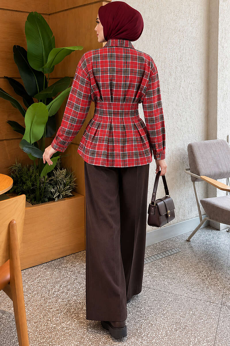 Plaid Shirt with Waist Darts - Red