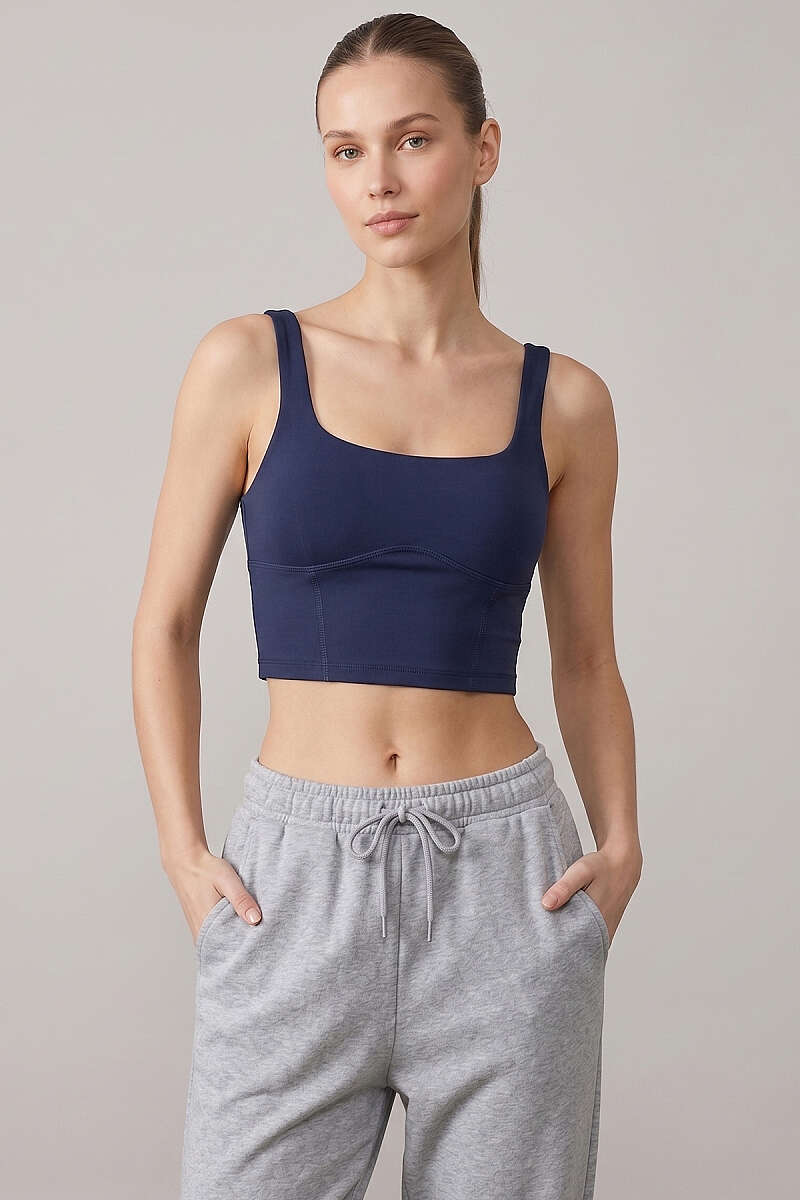 Square-Neck Crop Top with Darts - Navy