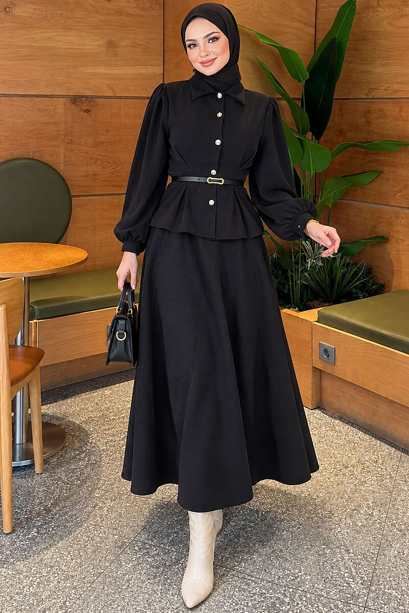 Belted Two-Piece Skirt Set with Darts - Black
