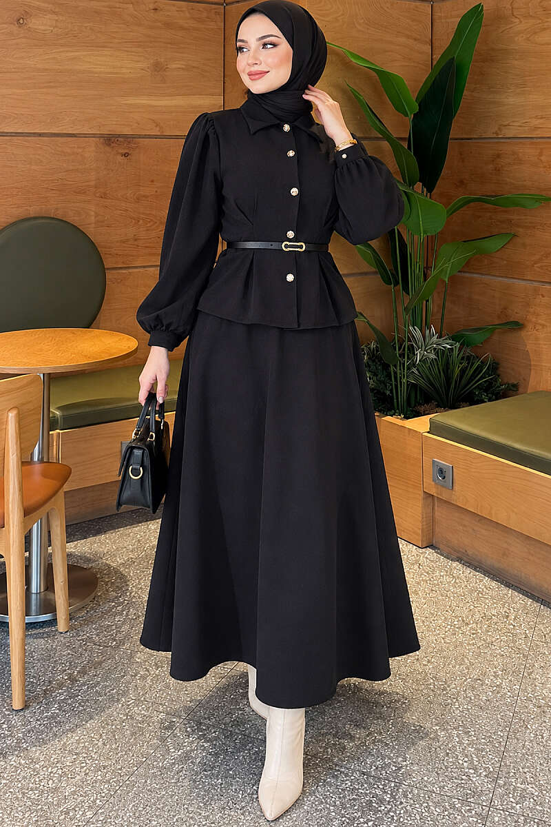 Belted Two-Piece Skirt Set with Darts - Black