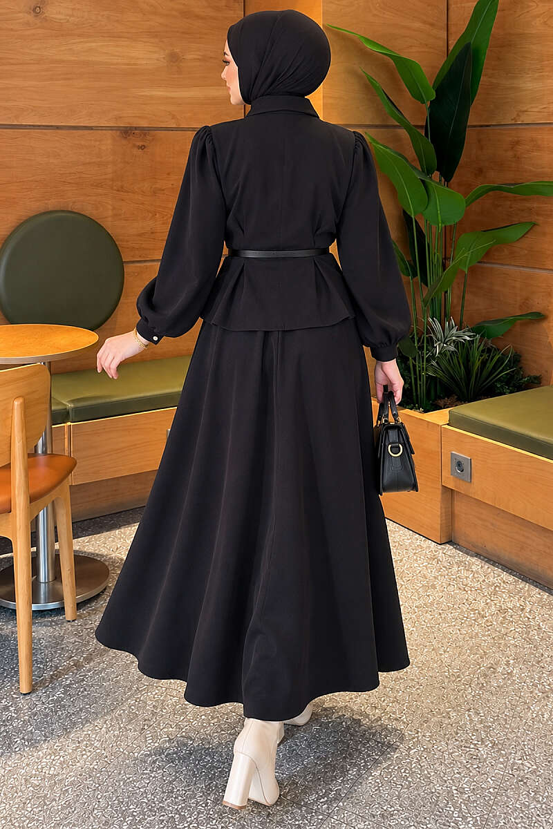 Belted Two-Piece Skirt Set with Darts - Black