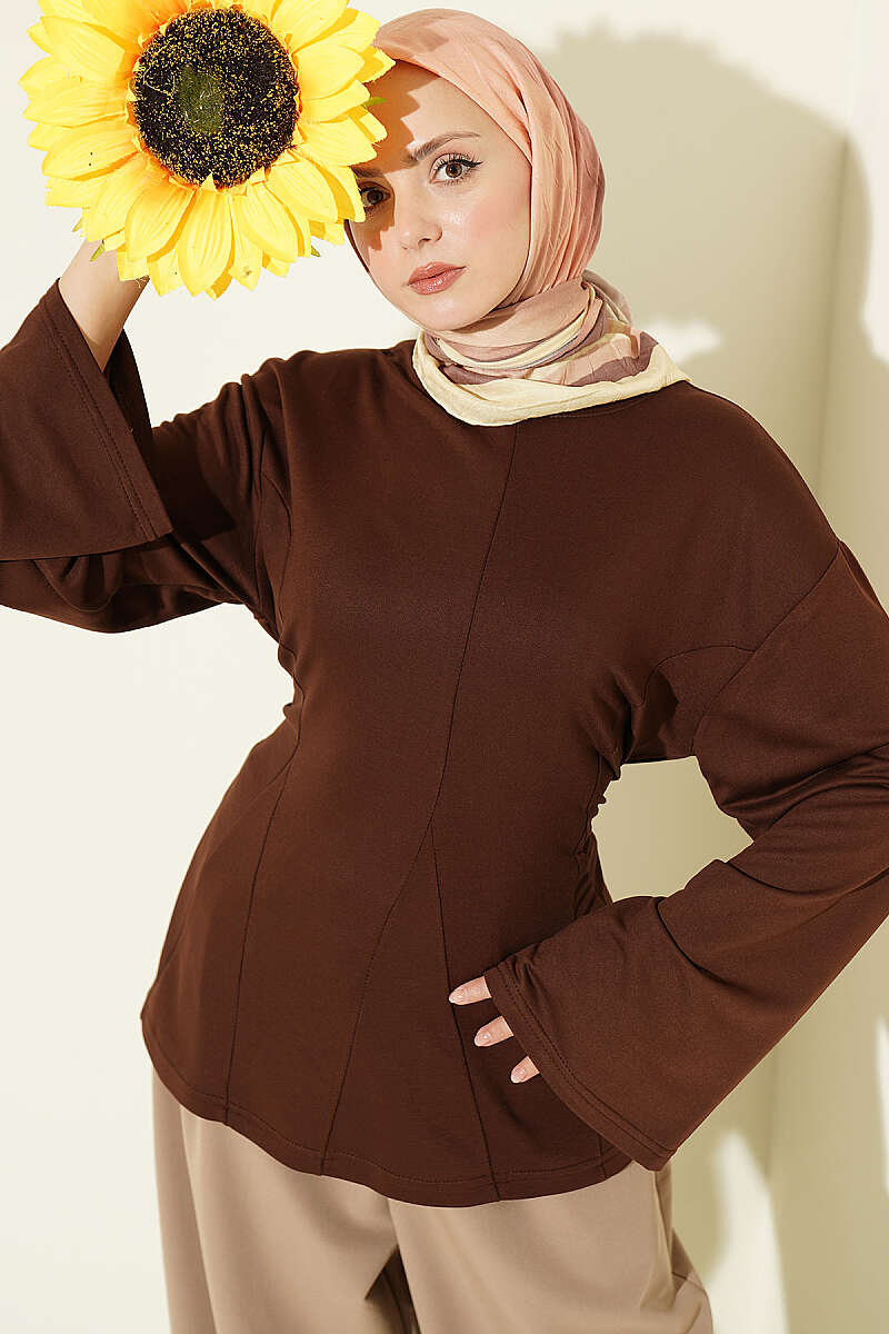 Side-Tie Tunic with Darts - Brown