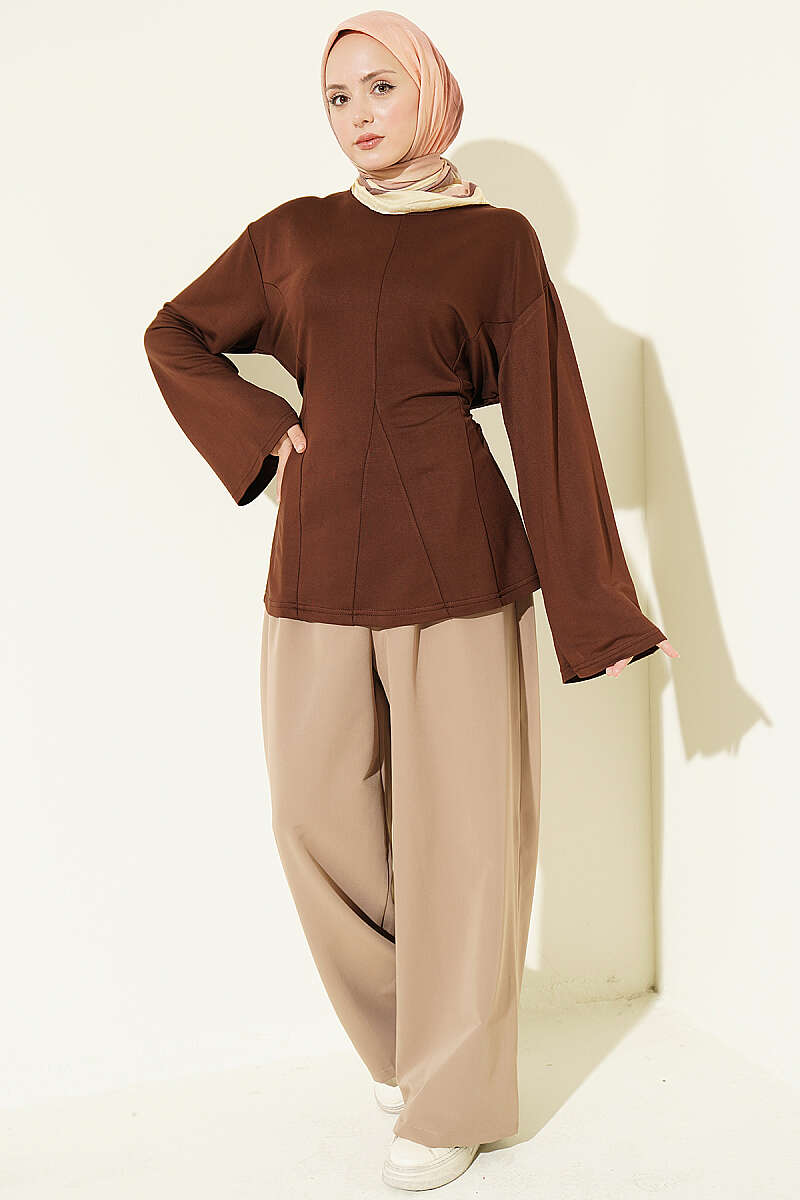 Side-Tie Tunic with Darts - Brown