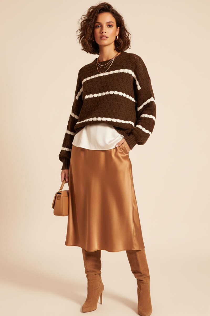 Striped Honeycomb-Knit Sweater - Brown