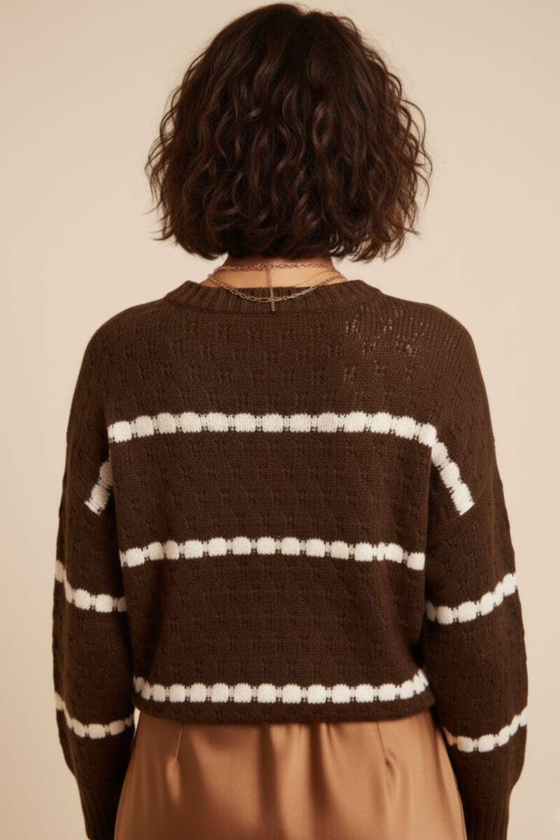 Striped Honeycomb-Knit Sweater - Brown
