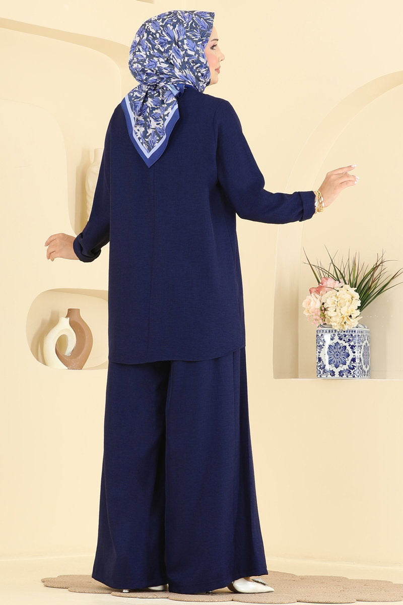 Pleated Linen Two-Piece Set - Light Navy