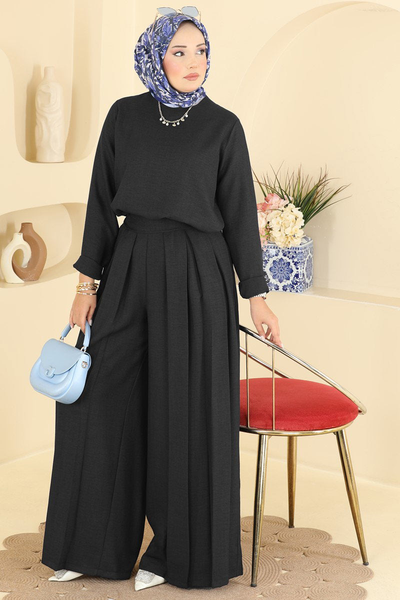 Pleated Linen Two-Piece Set - Black