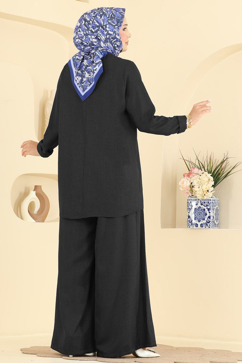 Pleated Linen Two-Piece Set - Black