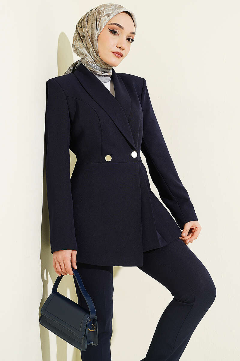Two-Piece Set with Pleated Blazer - Navy