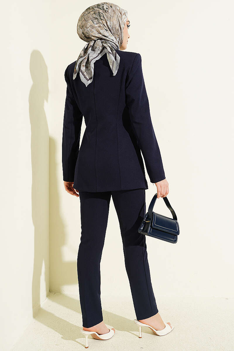 Two-Piece Set with Pleated Blazer - Navy