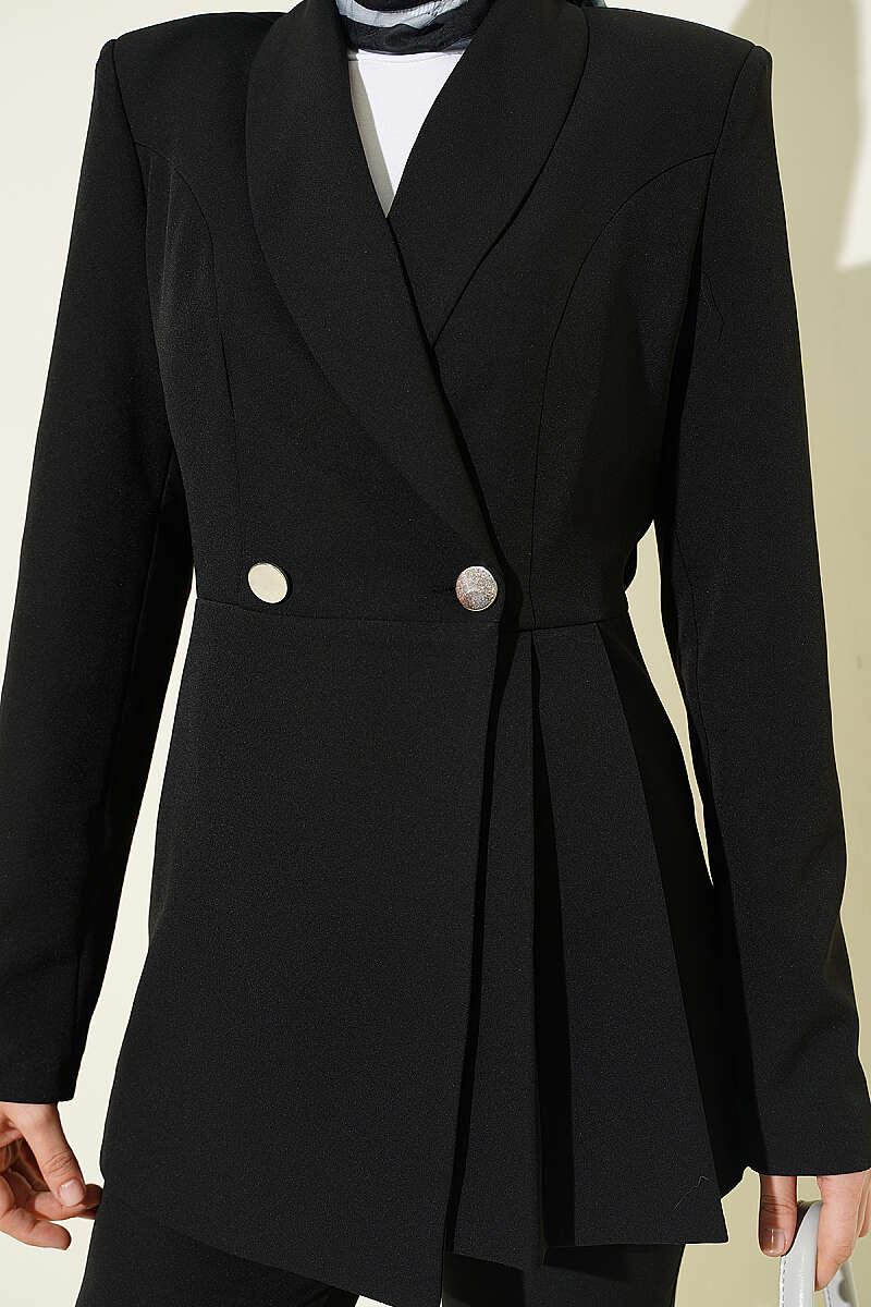 Two-Piece Set with Pleated Blazer - Black