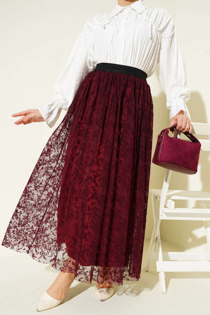 Pleated Skirt with Tulle Flowers - Burgundy