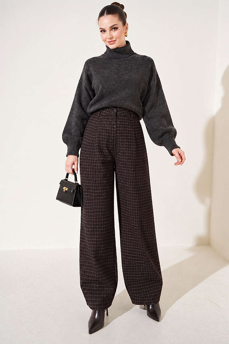 Pleated Plaid Trousers - Dark Brown