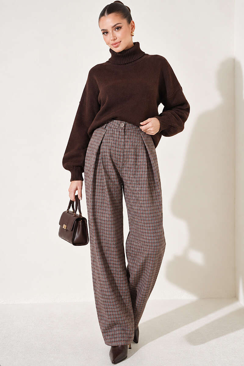 Pleated Plaid Trousers - Mink