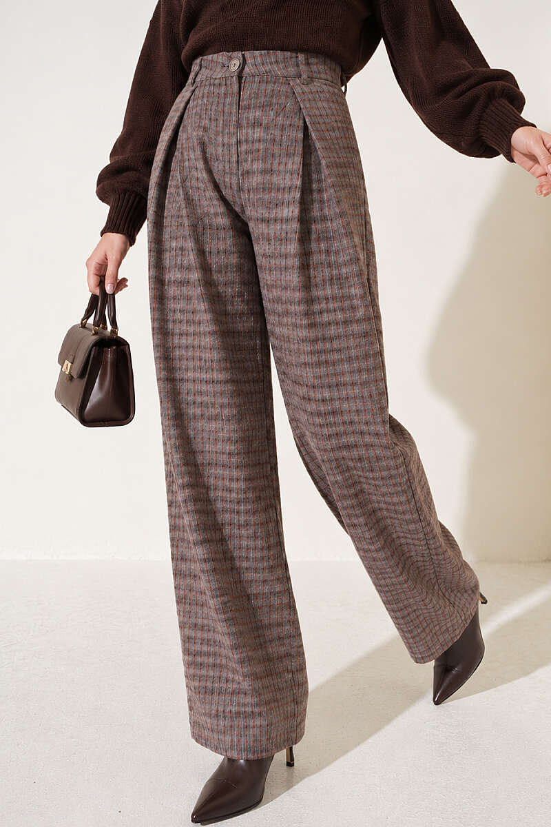 Pleated Plaid Trousers - Mink