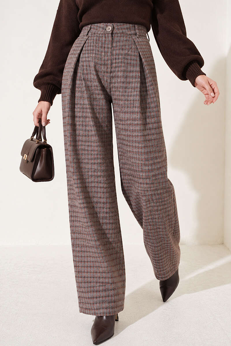 Pleated Plaid Trousers - Mink