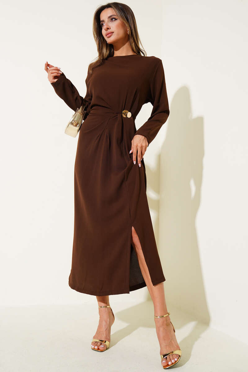 Pleated Midi Dress with Gold Buckle - Brown