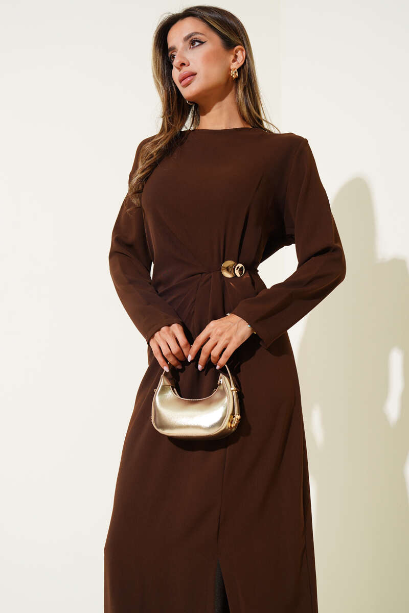 Pleated Midi Dress with Gold Buckle - Brown