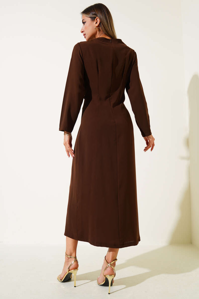 Pleated Midi Dress with Gold Buckle - Brown
