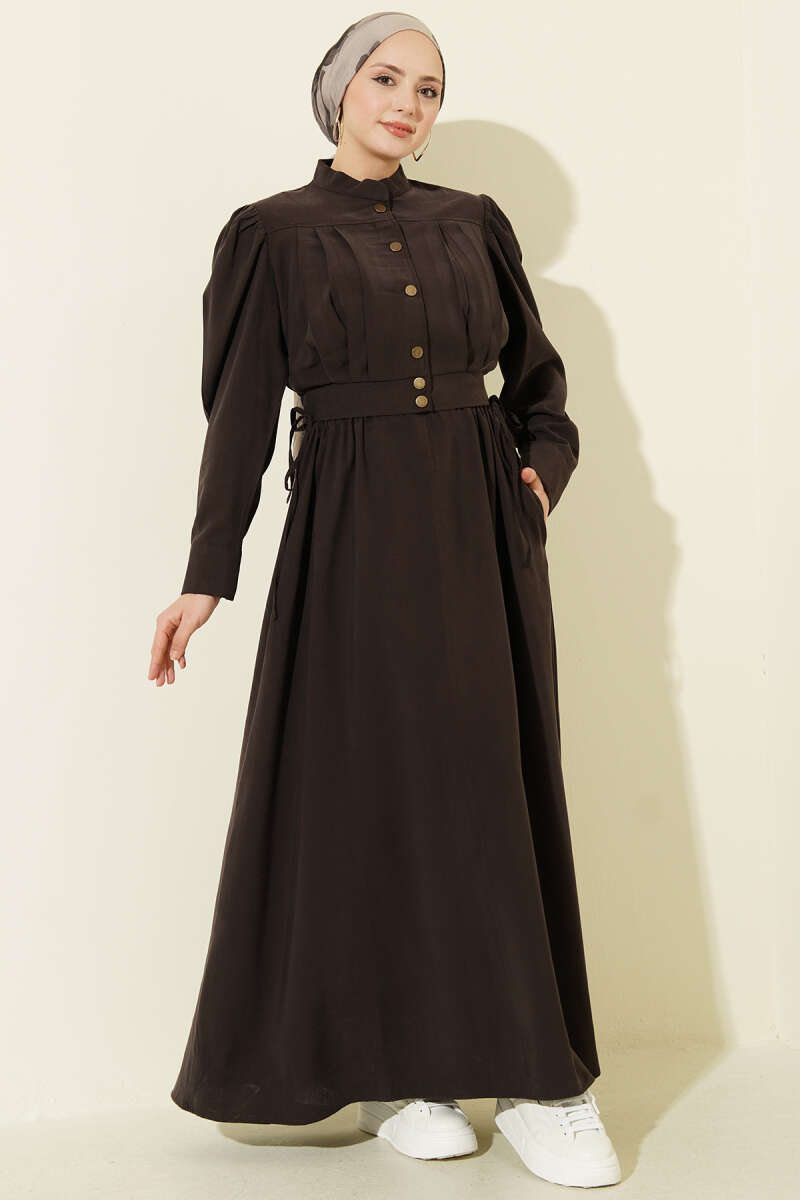 Pleated Pinafore Dress Set - Brown