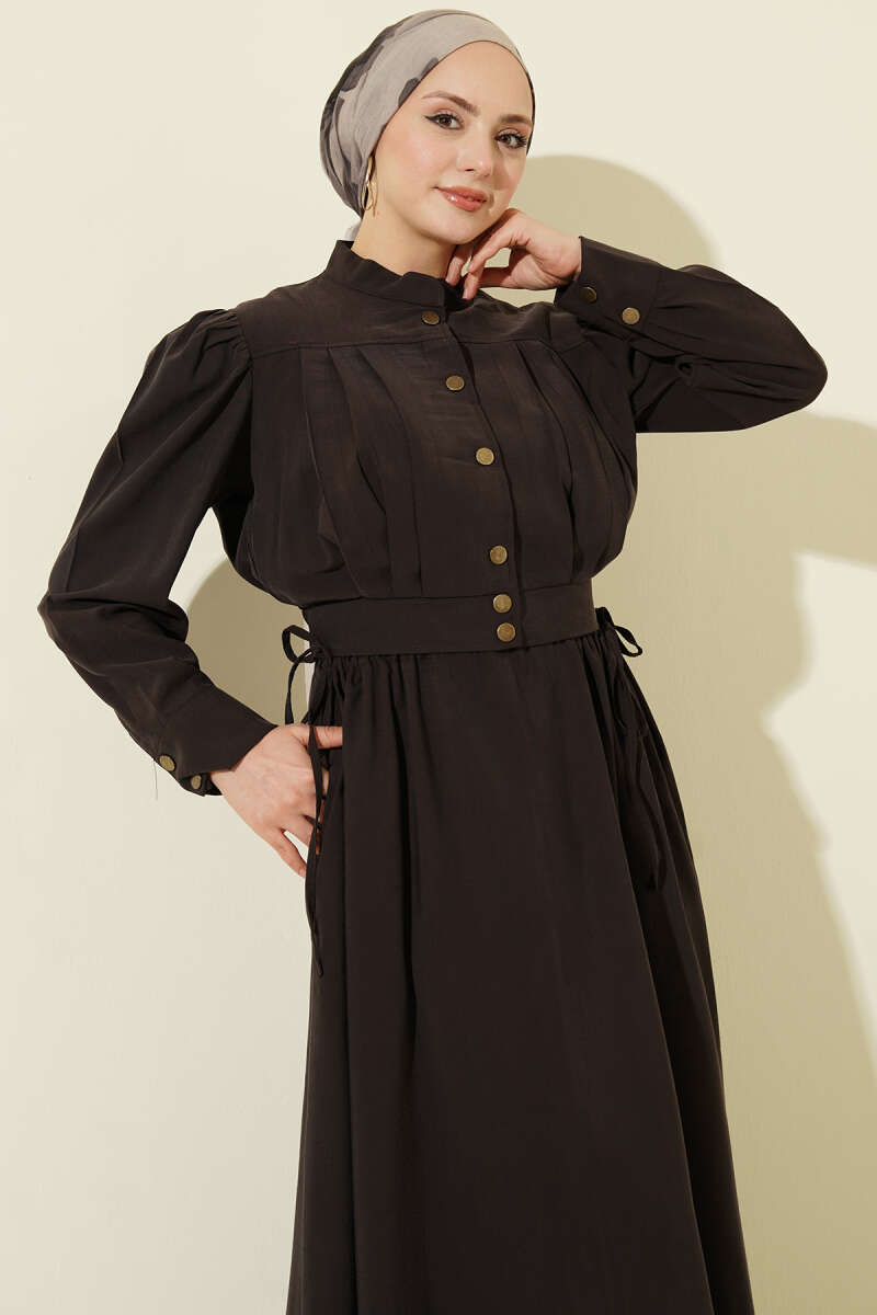 Pleated Pinafore Dress Set - Brown