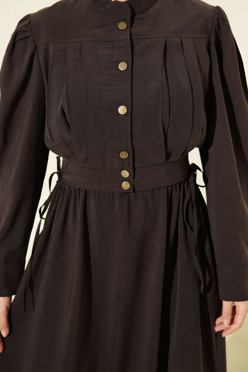 Pleated Pinafore Dress Set - Brown