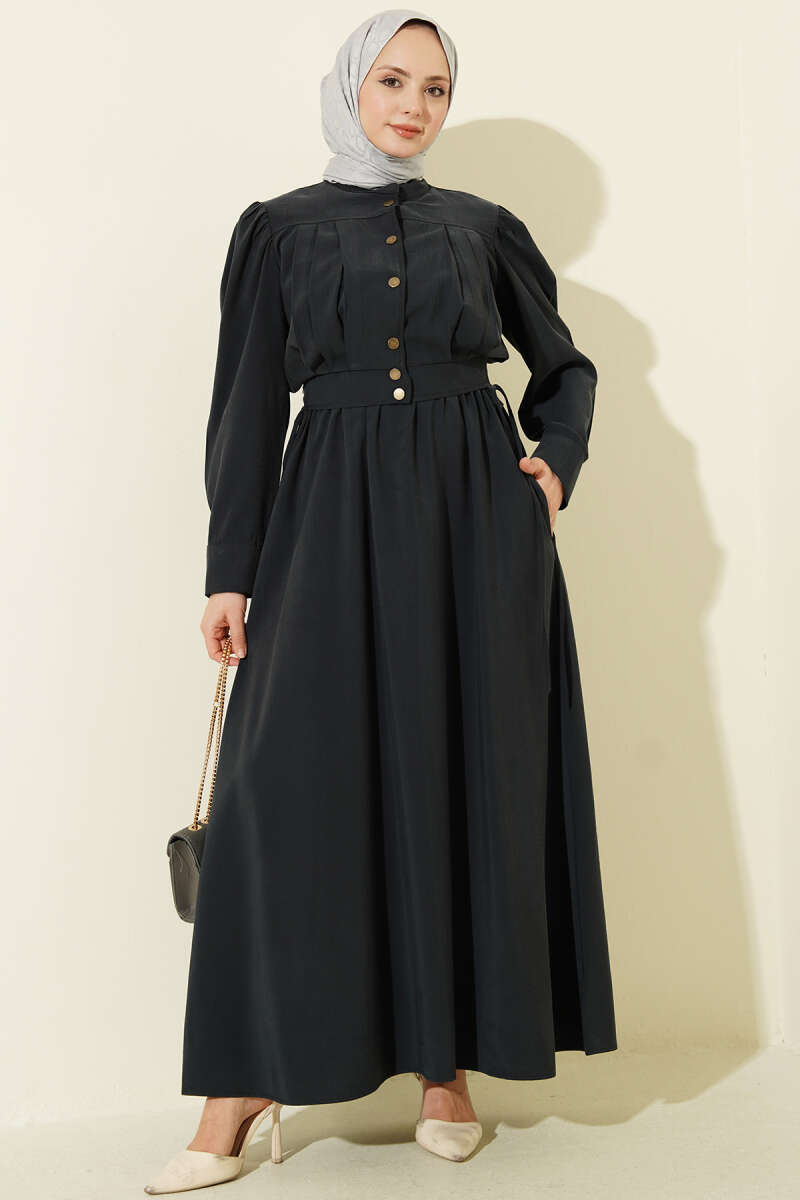 Pleated Pinafore Dress Set - Navy