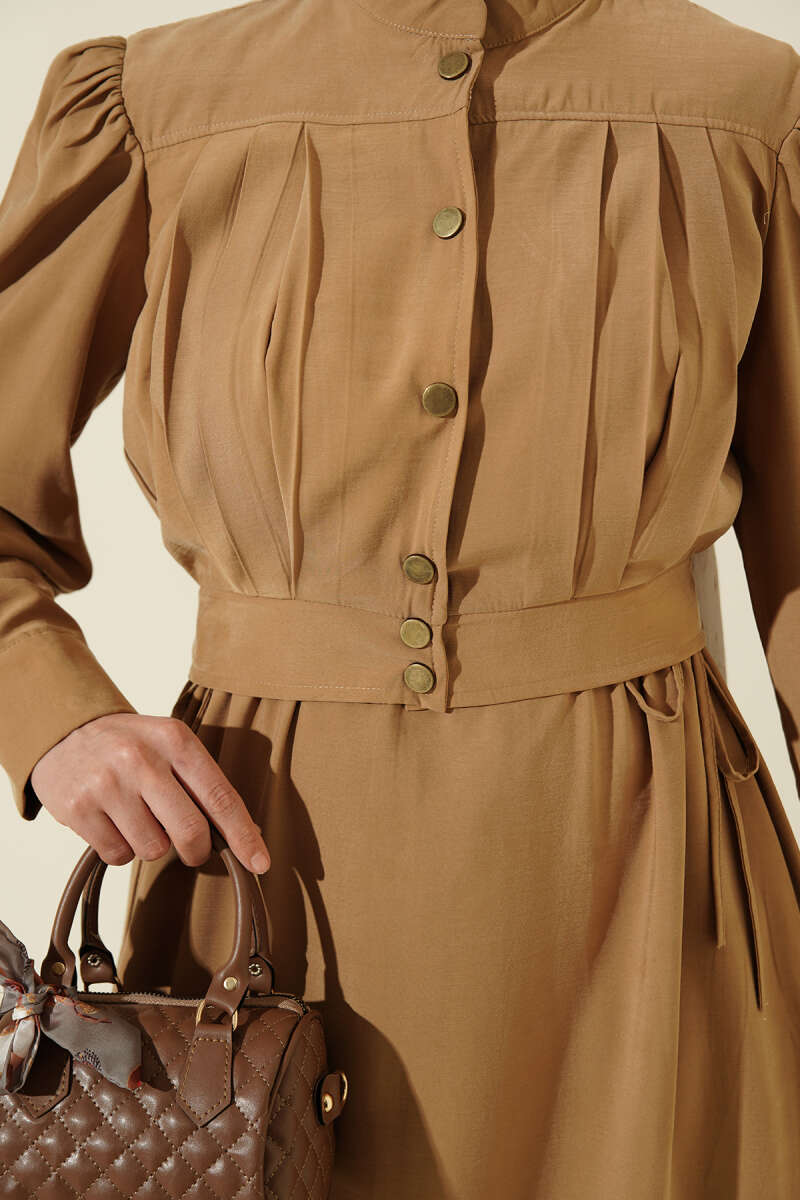 Pleated Pinafore Dress Set - Olive