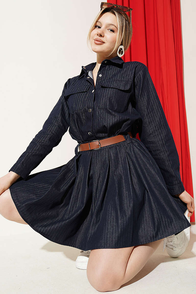 Belted Denim Dress with Pleat Detail - Classic Denim