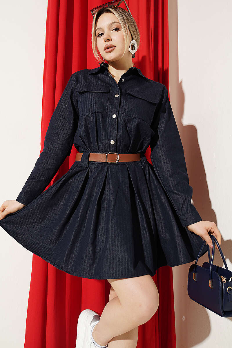 Belted Denim Dress with Pleat Detail - Classic Denim