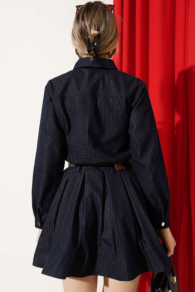 Belted Denim Dress with Pleat Detail - Classic Denim