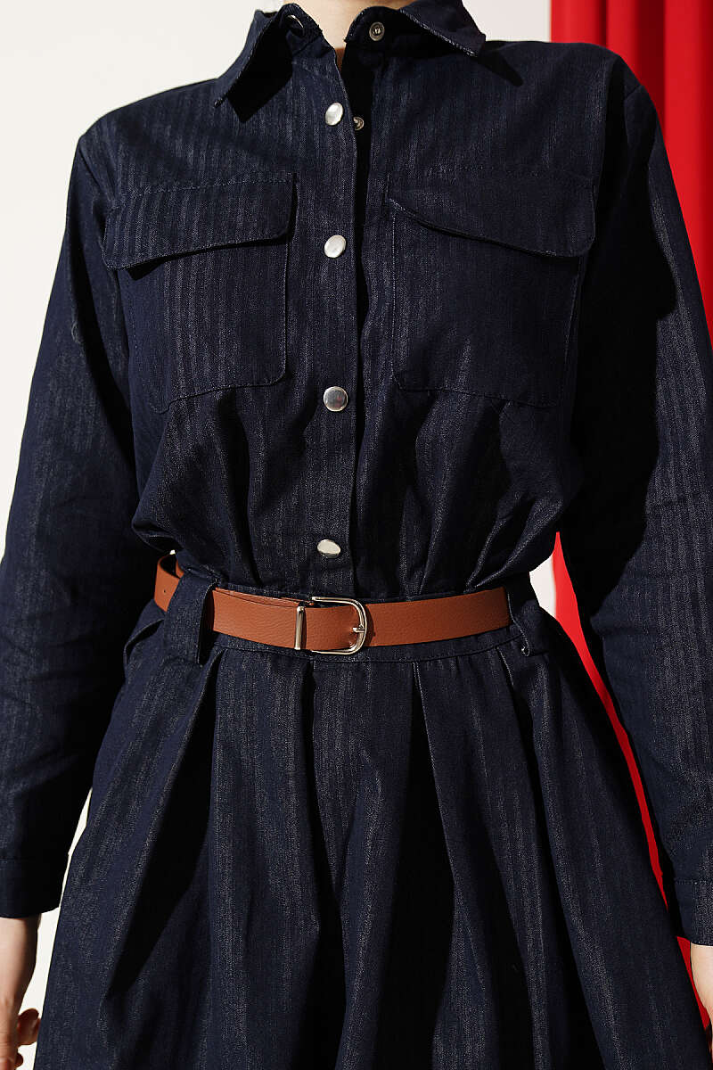 Belted Denim Dress with Pleat Detail - Classic Denim