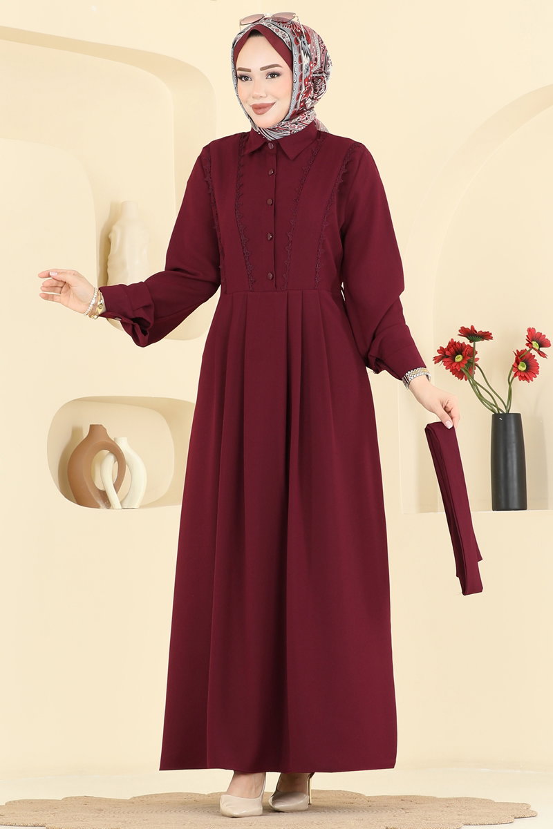 Pleated Crepe Dress - Burgundy