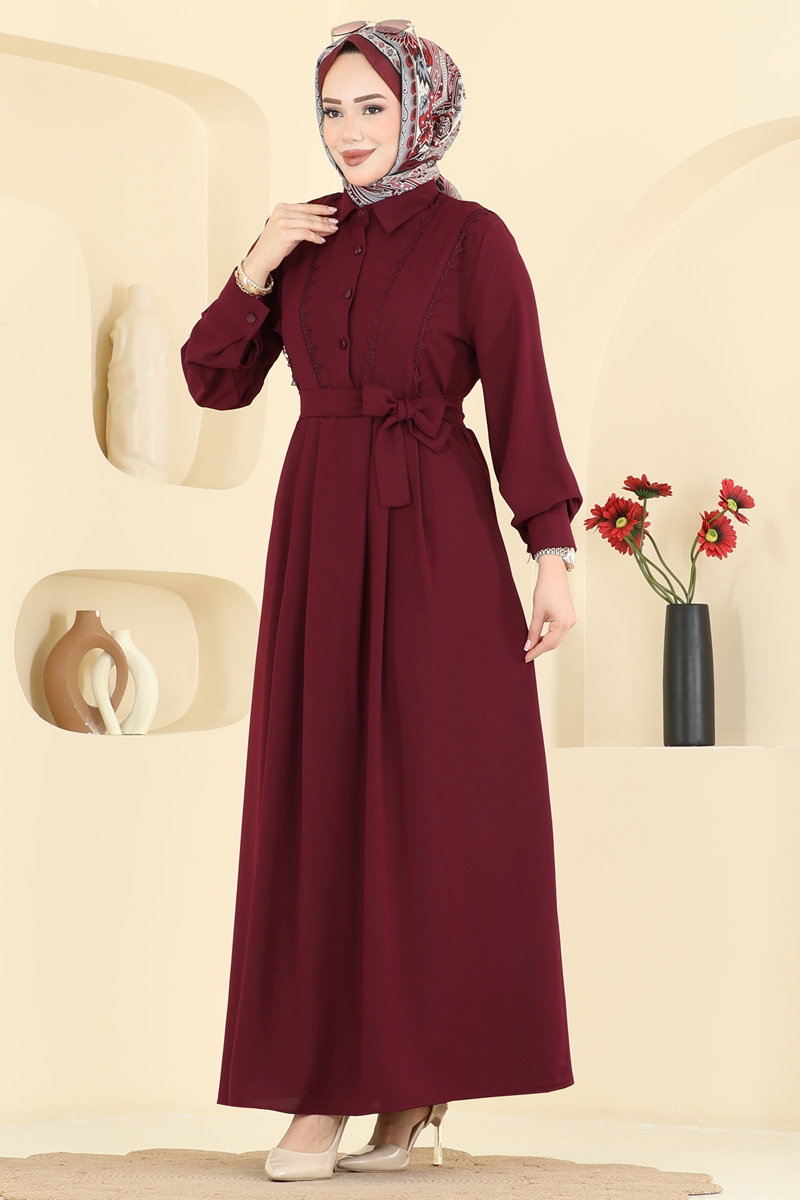Pleated Crepe Dress - Burgundy