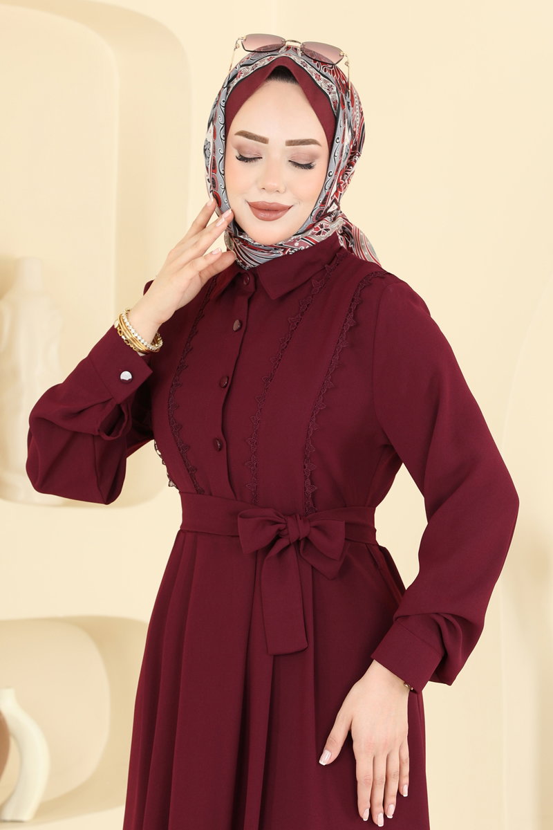 Pleated Crepe Dress - Burgundy