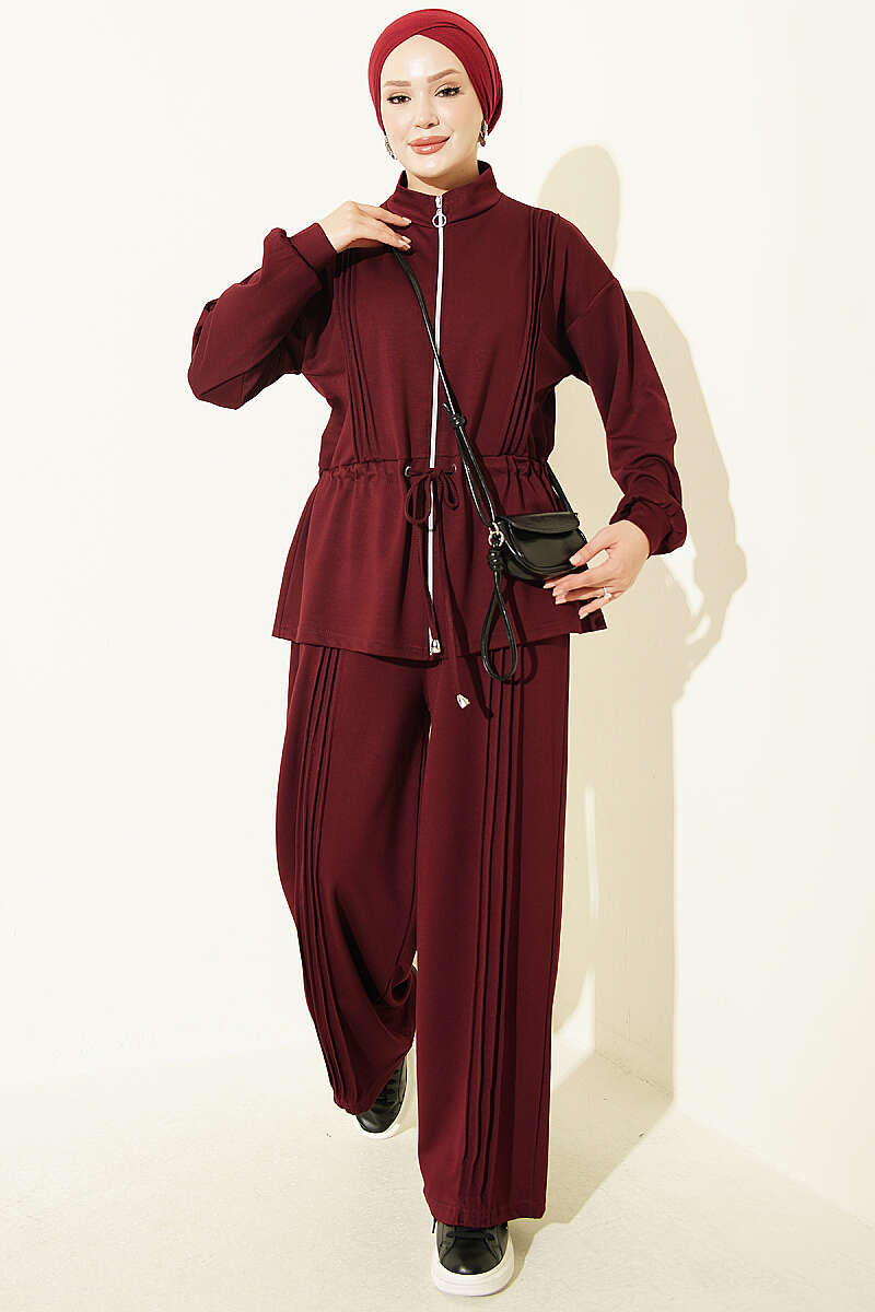 Pleat-Detail Jersey Two-Piece Set - Burgundy