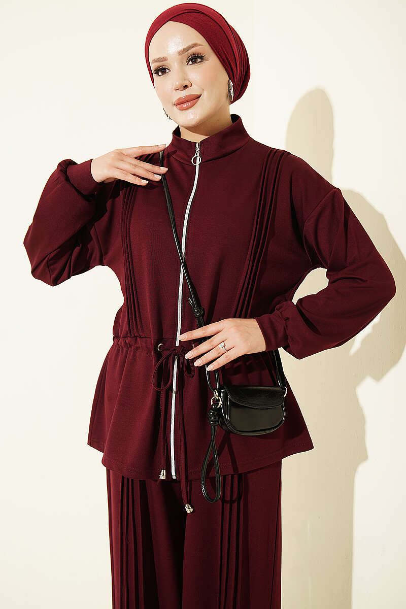 Pleat-Detail Jersey Two-Piece Set - Burgundy
