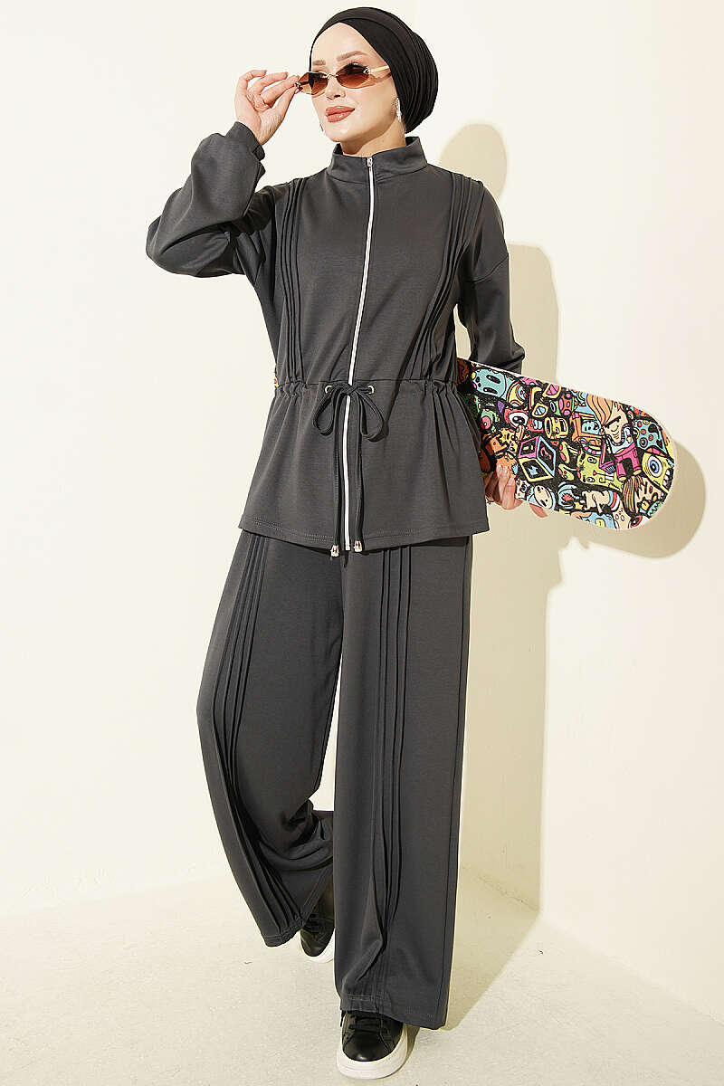 Pleat-Detail Jersey Two-Piece Set - Smoke Grey
