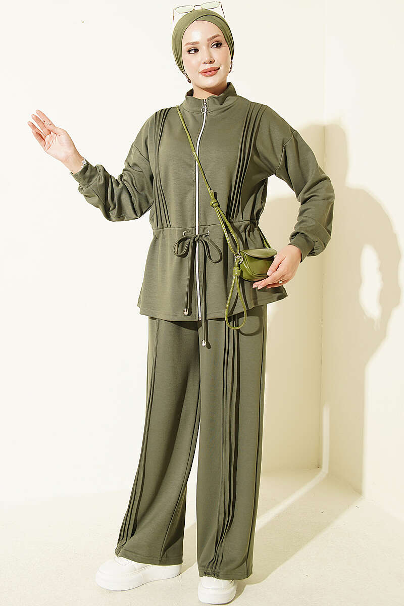 Pleat-Detail Jersey Two-Piece Set - Khaki