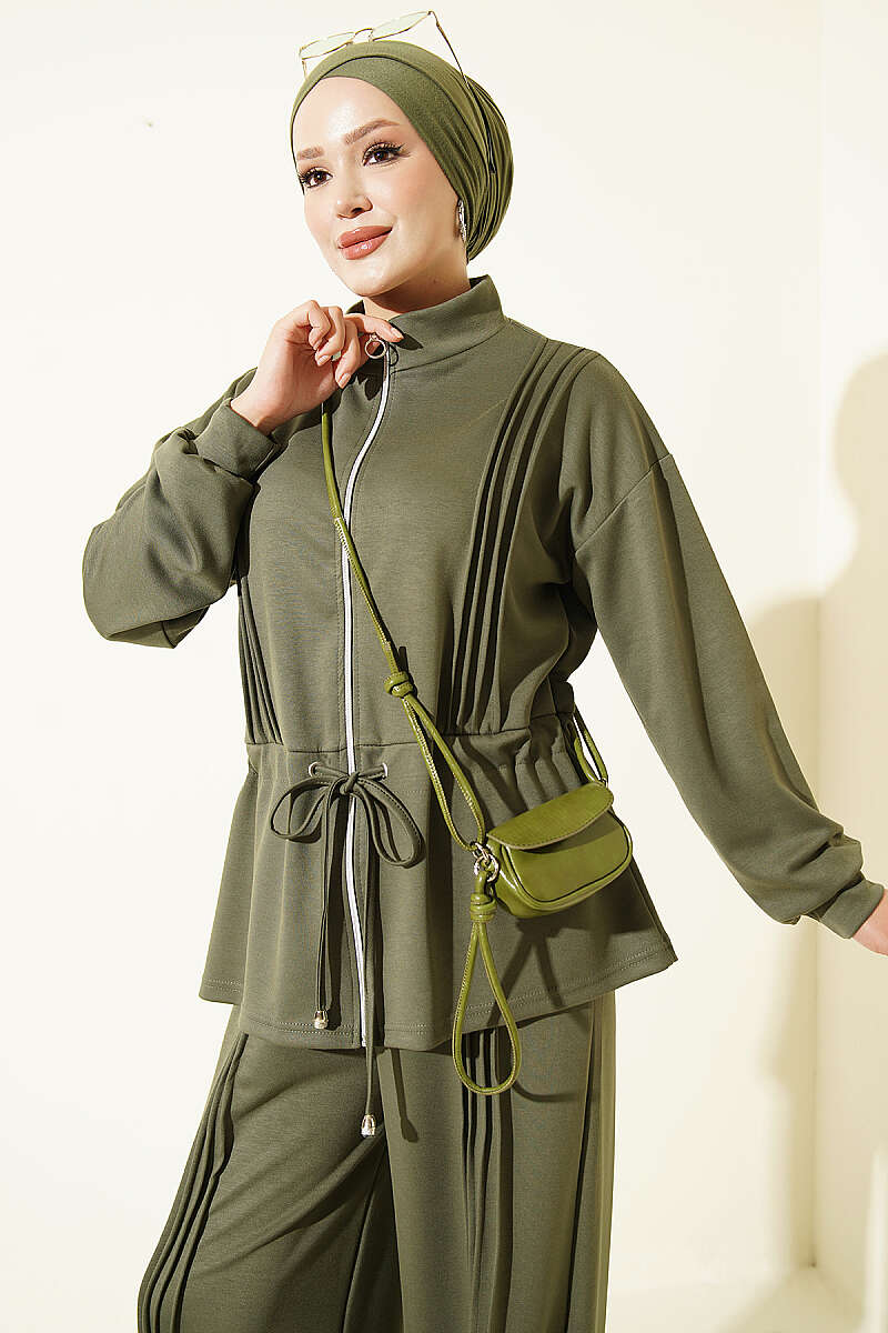 Pleat-Detail Jersey Two-Piece Set - Khaki