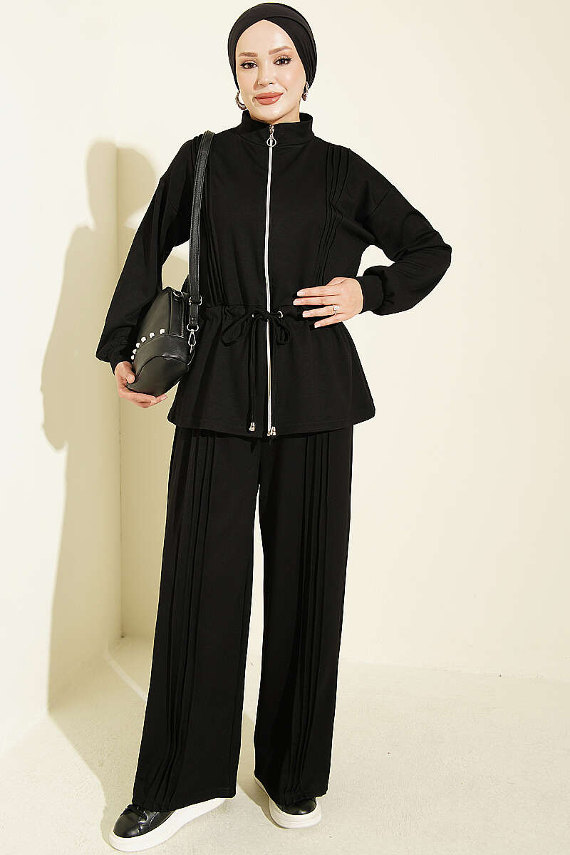 Pleat-Detail Jersey Two-Piece Set - Black