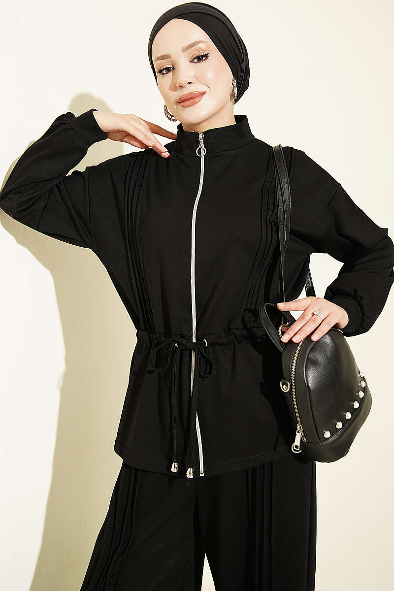 Pleat-Detail Jersey Two-Piece Set - Black