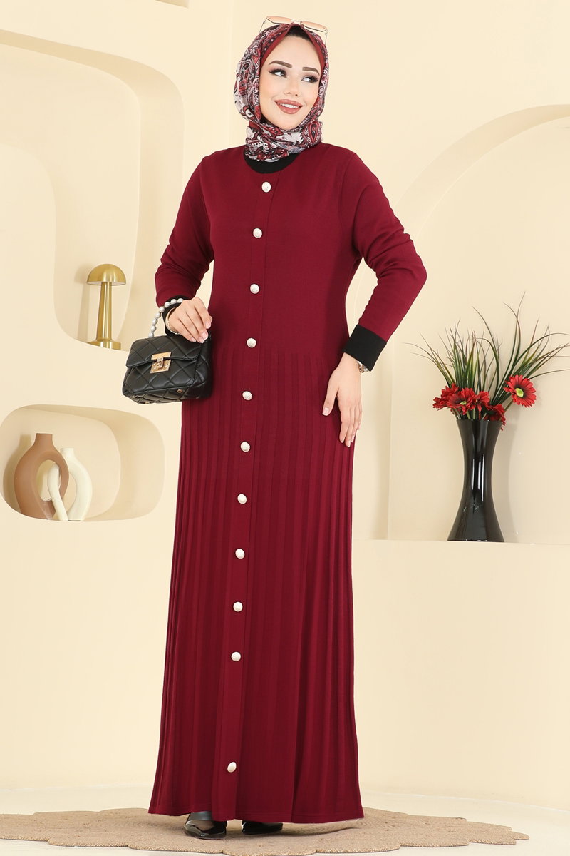 Pleat-Detail Knit Dress - Burgundy