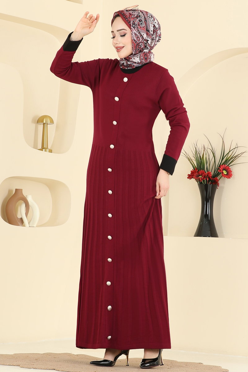 Pleat-Detail Knit Dress - Burgundy