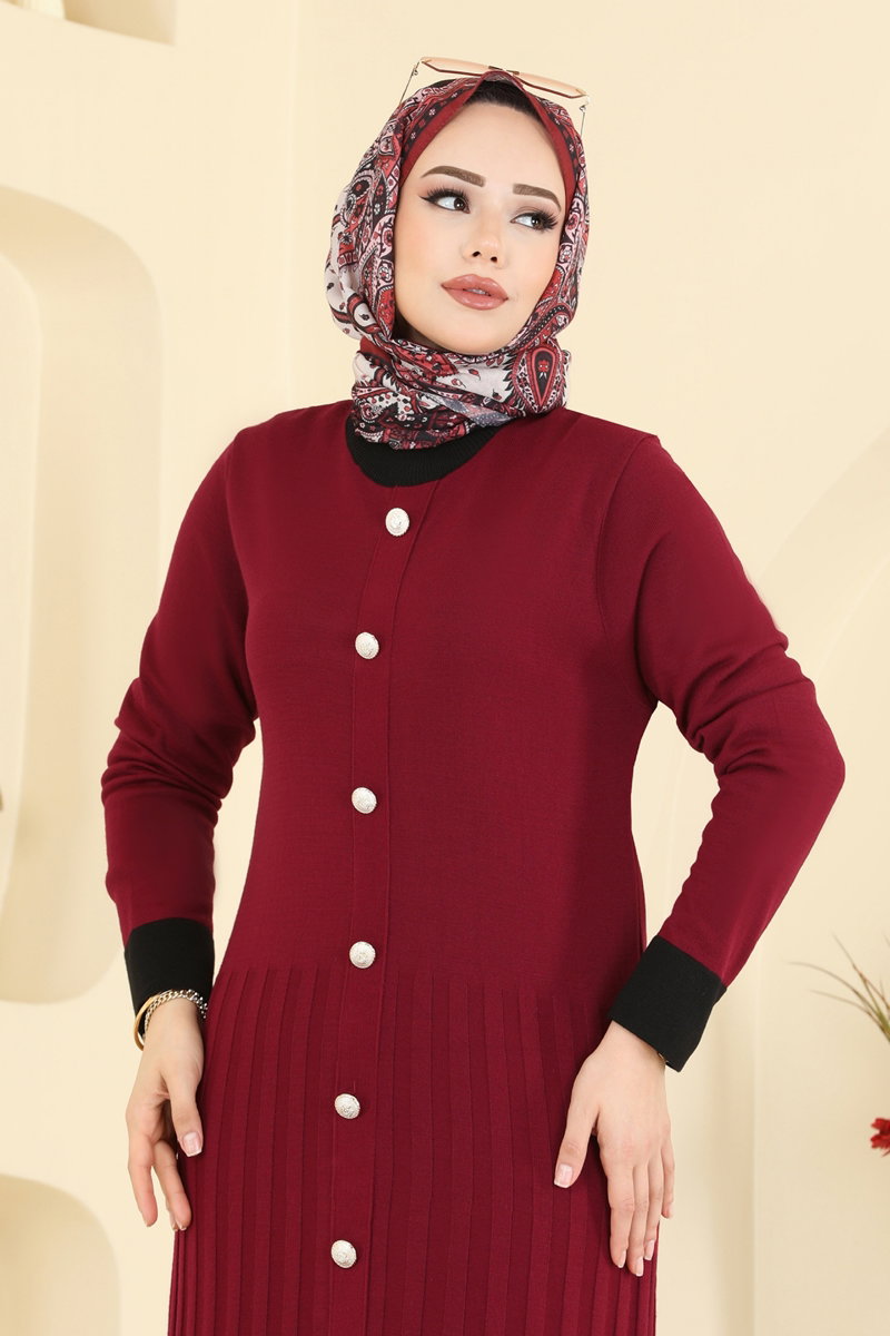 Pleat-Detail Knit Dress - Burgundy